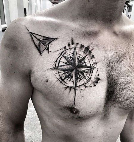 线条前胸星星纸飞机纹身图案