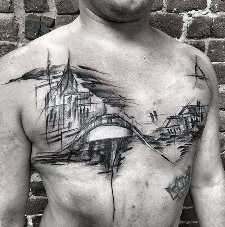 前胸建筑纹身图案