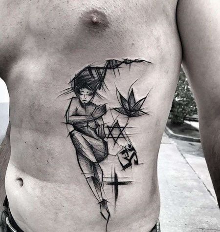 线条腹部女人纹身图案