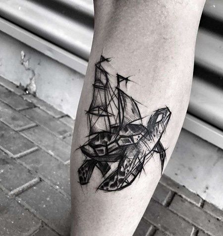 线条小臂海龟纹身图案