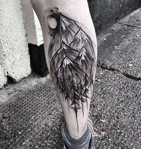 线条小腿山纹身图案