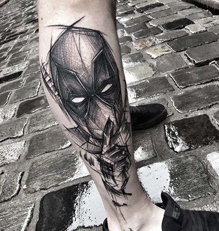 线条小腿死侍纹身图案