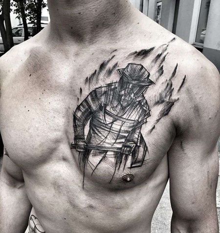 线条前胸人像纹身图案