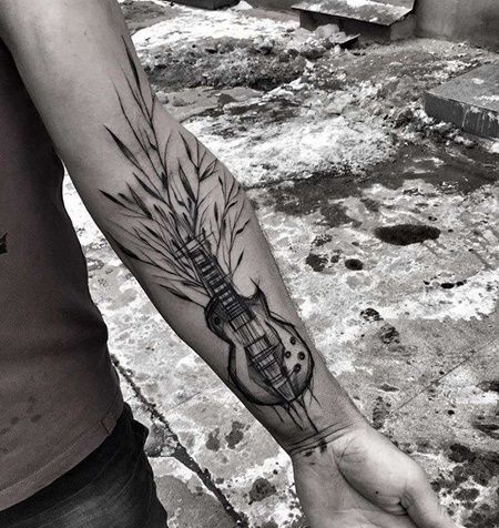 线条小臂吉他纹身图案