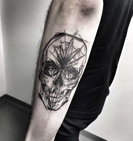 线条小臂骷髅纹身图案