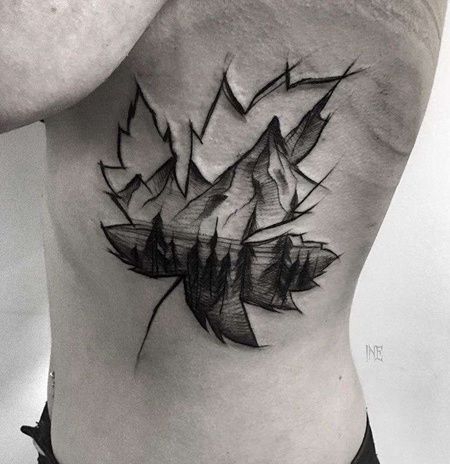 线条侧腰叶子山纹身图案