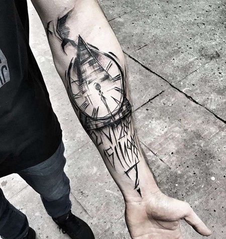 线条小臂钟表纹身图案