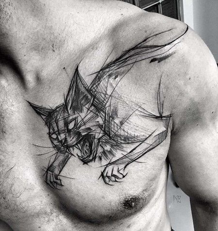 线条前胸猫纹身图案