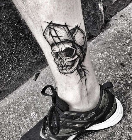 线条小腿骷髅纹身图案