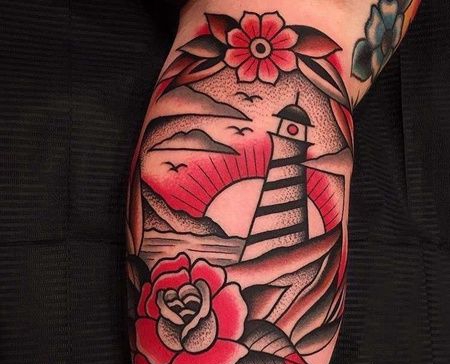 Old School大臂大腿玫瑰纹身图案