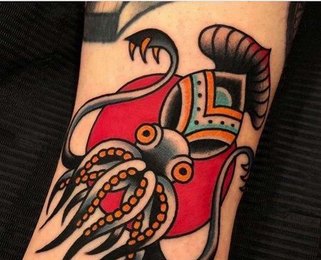 Old School小腿鱿鱼纹身图案