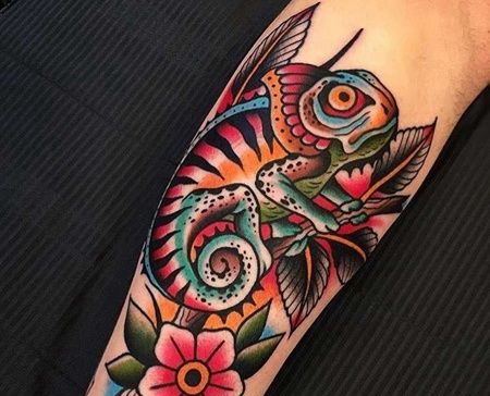 Old School小臂变色龙纹身图案