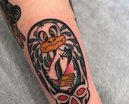 Old School小腿骷髅鸭子纹身图案