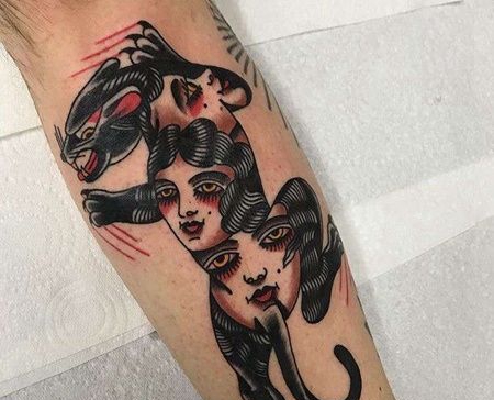 Old School小腿黑豹女人纹身图案