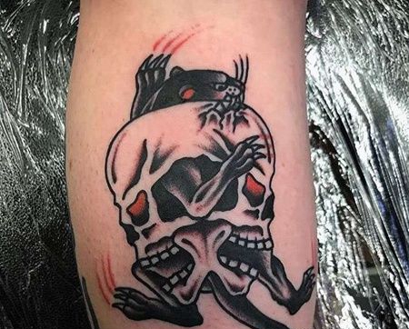 Old School小腿骷髅黑豹纹身图案