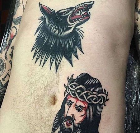 Old School腹部耶稣纹身图案