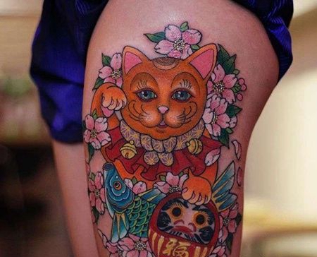 新传统大腿招财猫纹身图案