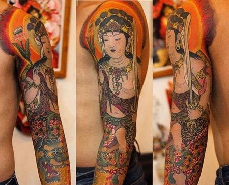 新传统胳膊菩萨唐狮纹身图案