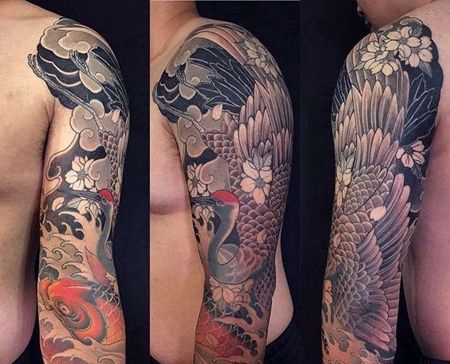 新传统胳膊鹤鲤鱼纹身图案