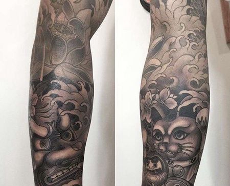 日式小臂天狗招财猫纹身图案