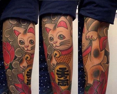 新传统小臂招财猫纹身图案