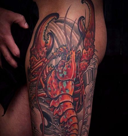 新传统大腿龙虾纹身图案