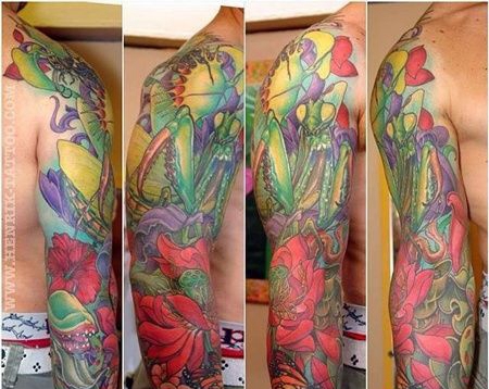 New School胳膊螳螂花卉纹身图案