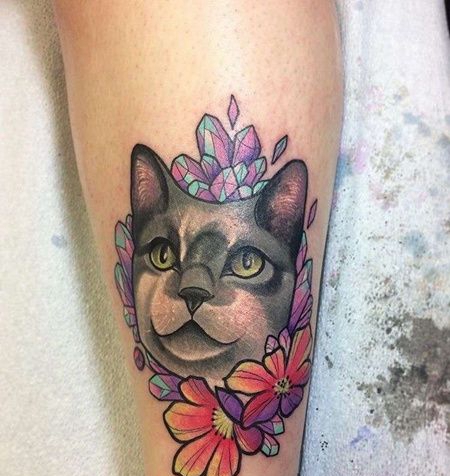 New School小腿猫宝石纹身图案