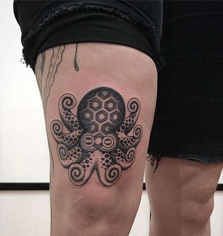 线条大腿章鱼纹身图案