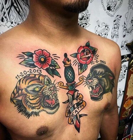 Old School前胸玫瑰匕首纹身图案