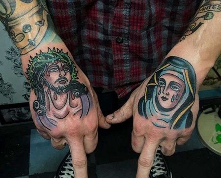 Old School手背耶稣圣母纹身图案