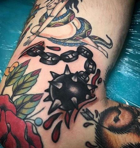 Old School大腿流星锤纹身图案