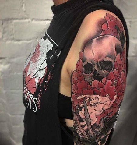 新传统大臂骷髅牡丹纹身图案
