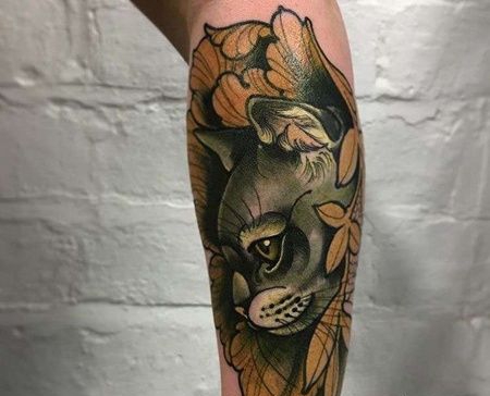 New School小臂猫牡丹纹身图案