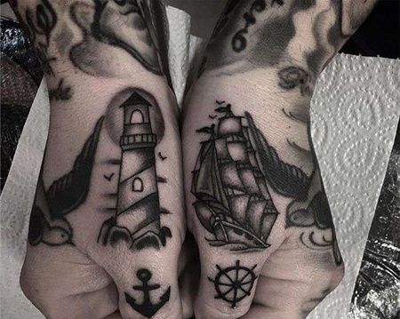 小清新手背帆船灯塔纹身图案