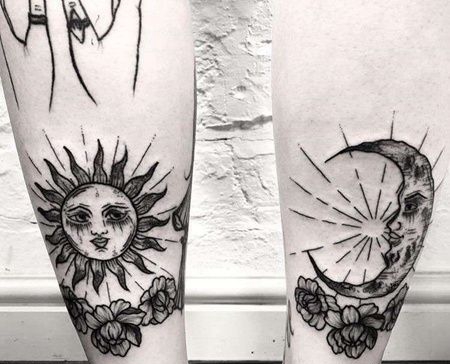 线条小腿太阳月亮纹身图案