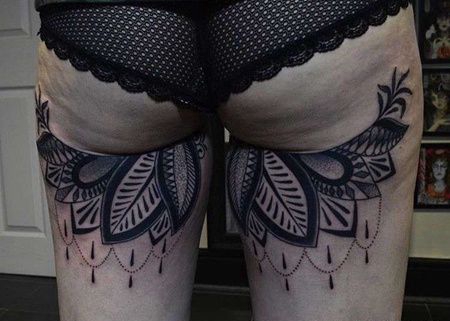 几何大腿叶子纹身图案