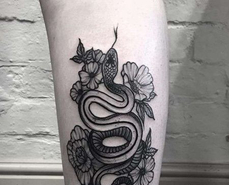 New School小腿蛇花卉纹身图案