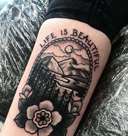 Old School小腿花卉雪山纹身图案