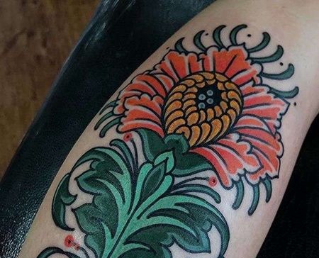 Old School小腿向日葵纹身图案