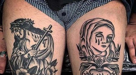 Old School大腿耶稣圣母纹身图案