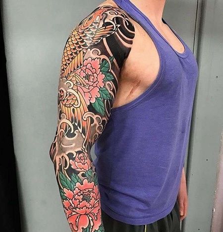 日式胳膊鲤鱼牡丹纹身图案