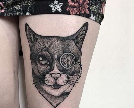 点刺大腿猫纹身图案