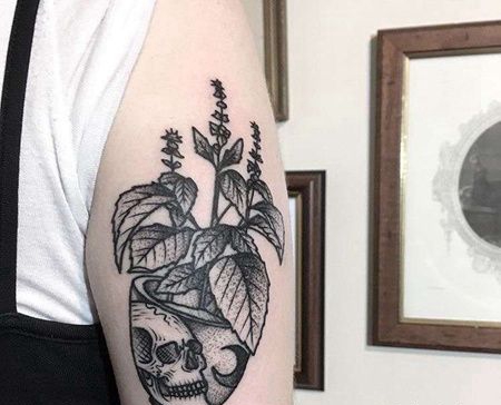 Old School大臂花盆叶子骷髅纹身图案