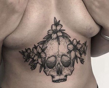 线条胸下骷髅纹身图案