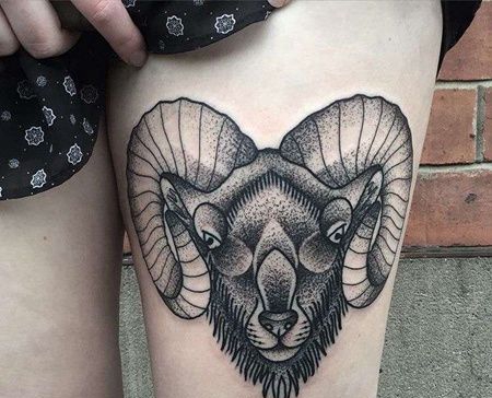 Old School大腿羊纹身图案