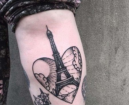 Old School小腿铁塔心纹身图案
