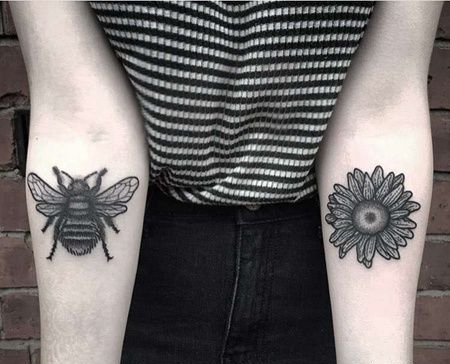 New School小臂向日葵蜜蜂纹身图案