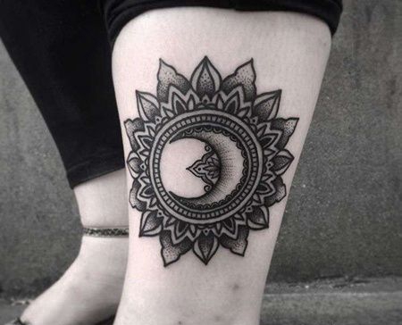 几何小腿太阳月亮纹身图案