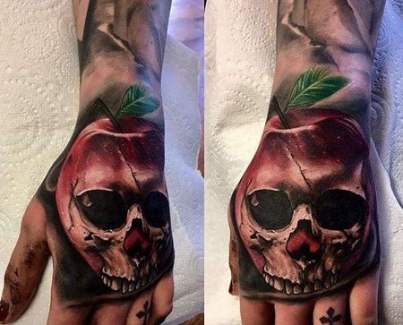 写实手背骷髅苹果纹身图案